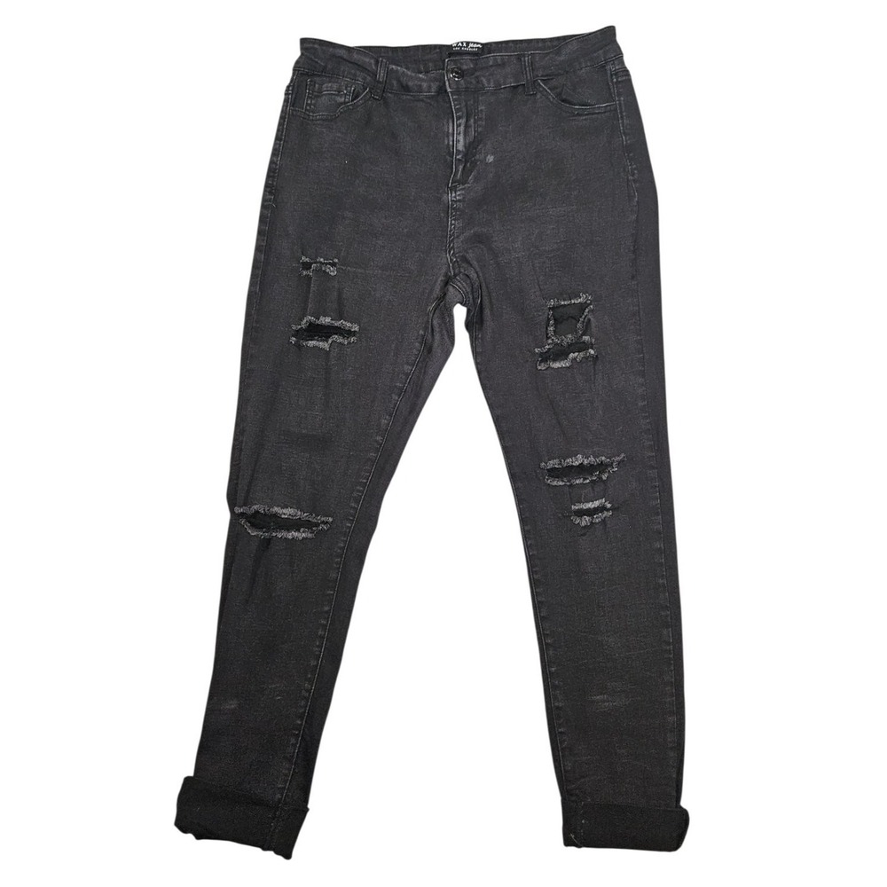 Wax Jean Womens Size 14 Black Distressed Ripped Skinny Jeans Cuffed Ankle Denim